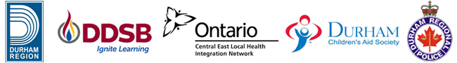 Logos for Durham region, Ontario Local Health Integration Network, DDSB, The Durham Children's Aid Society and the Durham Regional Police